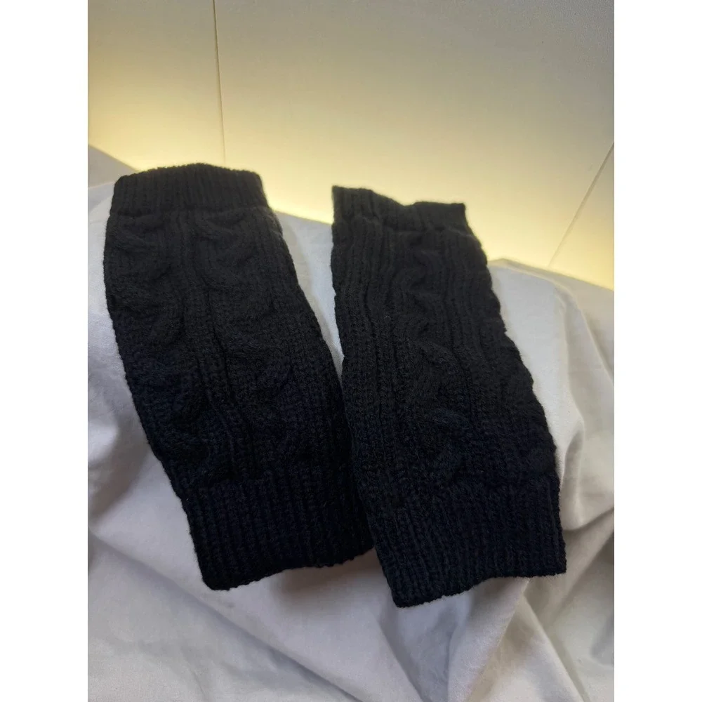 Black Cable Knit Fingerless Gloves Thumb Hole Arm Warmers Winter Mittens